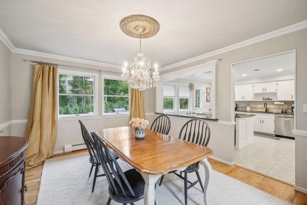 Chandelier, Dining room, Interior, Kitchen, Recessed Lighting, Stainless Steel Appliances, Wood Texture Flooring