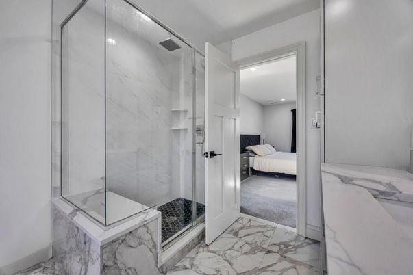 Bathroom, Bedroom, Glass Shower, Interior, Marble, Marble Walls, Recessed Lighting