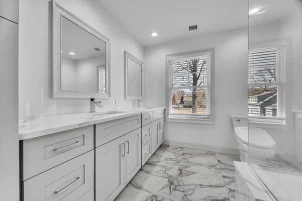 Bathroom, Dual Sink Vanities, Interior, Marble, Recessed Lighting