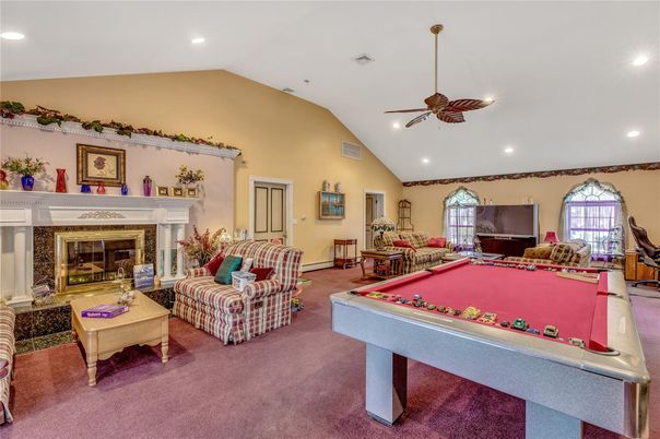 Billiard Table, Fireplace, Game Room, Interior, Living room, Recessed Lighting