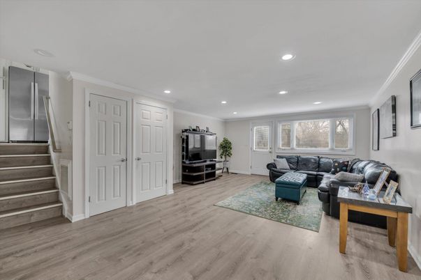 Interior, Living room, Recessed Lighting, Stainless Steel Appliances, Wood Texture Flooring