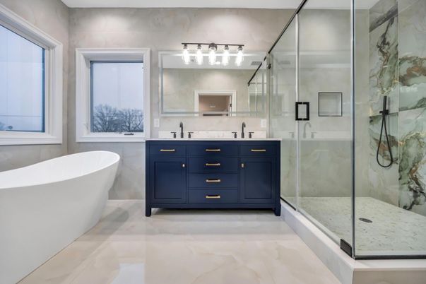 Bathroom, Dual Sink Vanities, Free Standing Baths, Glass Shower, Interior