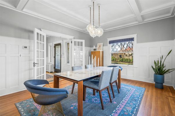 Dining room, Interior, Pendant Lights, Wood Texture Flooring