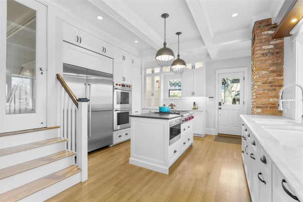 Interior, Kitchen, Pendant Lights, Recessed Lighting, Stainless Steel Appliances, Stone Walls, Wood Texture Flooring