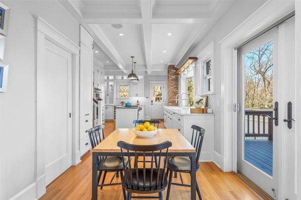 Dining room, Interior, Kitchen, Pendant Lights, Recessed Lighting, Wood Texture Flooring