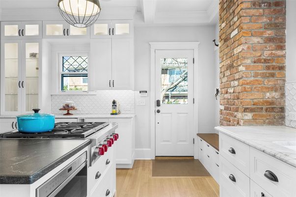 Interior, Kitchen, Pendant Lights, Stainless Steel Appliances, Stone Walls, Wood Texture Flooring