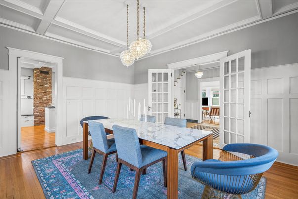 Dining room, Interior, Pendant Lights, Wood Texture Flooring