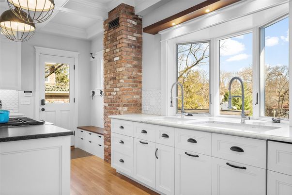 Interior, Kitchen, Pendant Lights, Recessed Lighting, Stone Walls, Wood Texture Flooring
