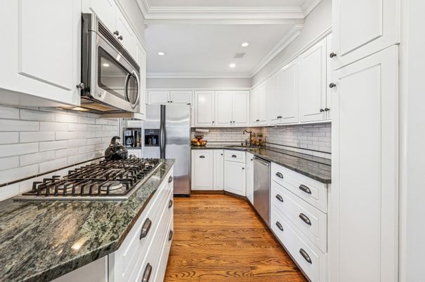 Interior, Kitchen, Recessed Lighting, Stainless Steel Appliances, Wood Texture Flooring