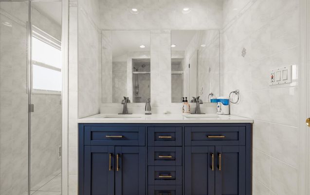 Bathroom, Dual Sink Vanities, Glass Shower, Interior, Recessed Lighting