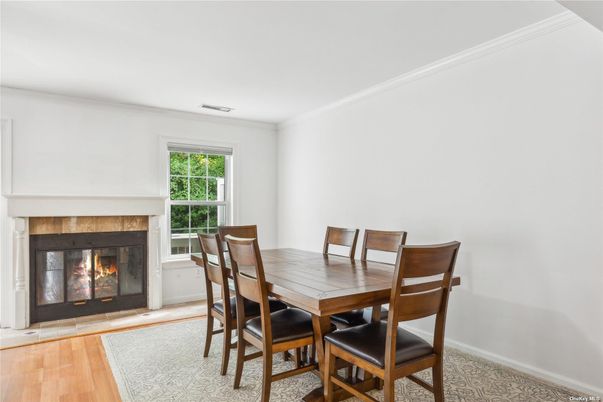 Dining room, Fireplace, Interior, Wood Texture Flooring