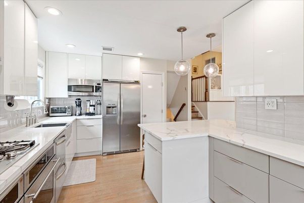 Interior, Kitchen, Pendant Lights, Recessed Lighting, Stainless Steel Appliances, Wood Texture Flooring