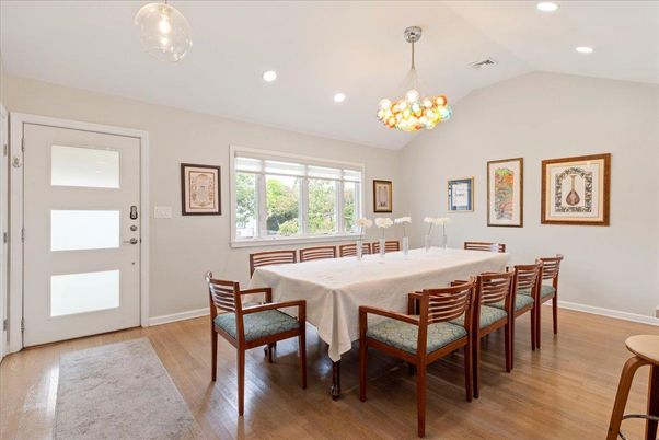 Chandelier, Dining room, Interior, Recessed Lighting, Wood Texture Flooring