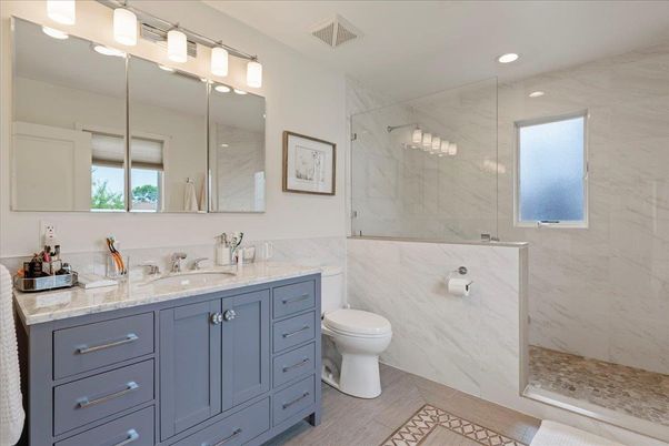 Bathroom, Dual Sink Vanities, Glass Shower, Interior, Marble Walls, Recessed Lighting