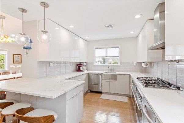 Interior, Kitchen, Pendant Lights, Recessed Lighting, Stainless Steel Appliances, Wood Texture Flooring
