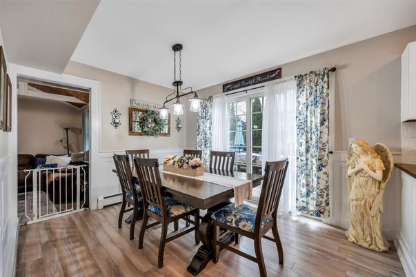 Dining room, Interior, Pendant Lights, Wood Texture Flooring