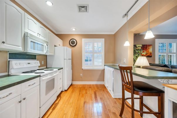Interior, Kitchen, Pendant Lights, Recessed Lighting, Wood Texture Flooring