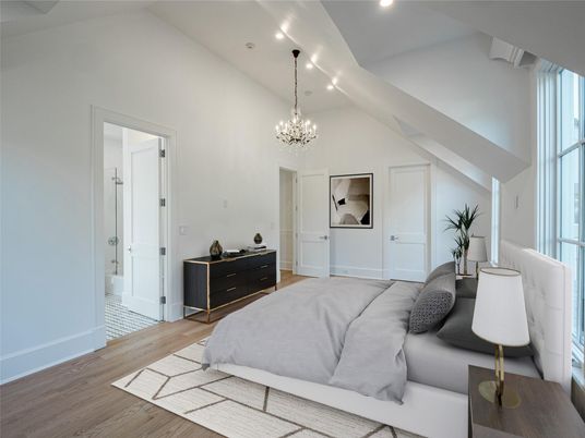 Bedroom, Chandelier, Interior, Recessed Lighting, Wood Texture Flooring