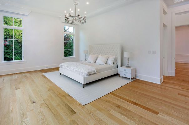 Bedroom, Chandelier, Interior, Recessed Lighting, Wood Texture Flooring