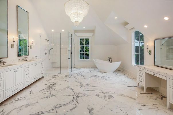 Bathroom, Chandelier, Dual Sink Vanities, Free Standing Baths, Glass Shower, Interior, Marble, Recessed Lighting