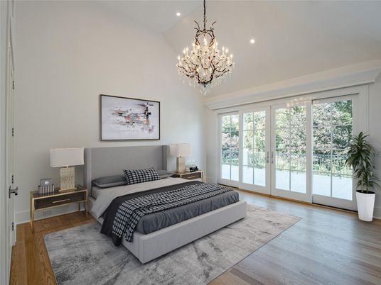 Bedroom, Chandelier, Interior, Recessed Lighting, Wood Texture Flooring
