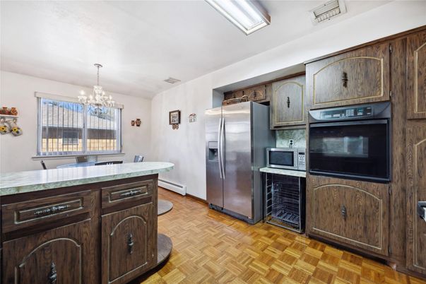 Chandelier, Interior, Kitchen, Stainless Steel Appliances, Wood Texture Flooring