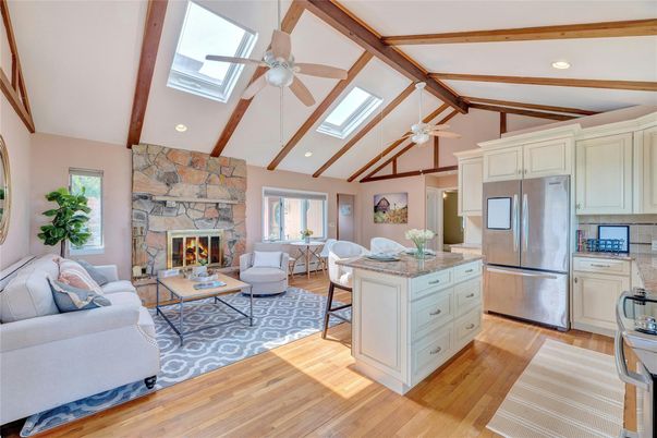 Fireplace, Interior, Kitchen, Living room, Recessed Lighting, Stone Walls, Wooden Beams, Wood Texture Flooring