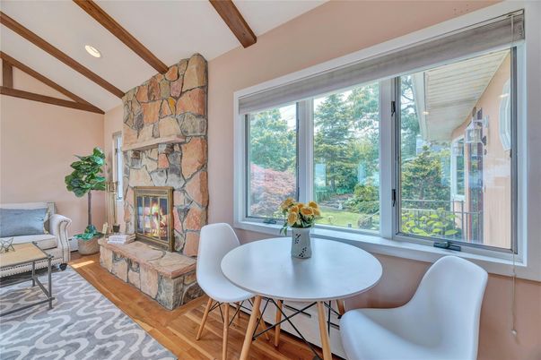 Dining room, Fireplace, Interior, Recessed Lighting, Stone Walls, Wooden Beams, Wood Texture Flooring