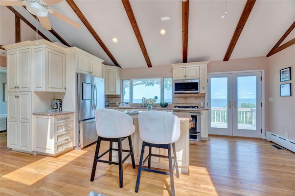 Interior, Kitchen, Recessed Lighting, Stainless Steel Appliances, Water, Wooden Beams, Wood Texture Flooring