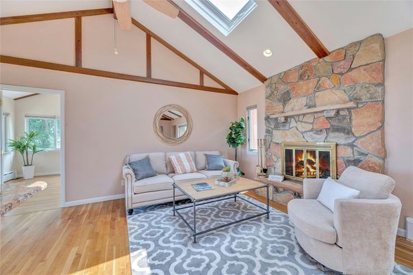 Fireplace, Interior, Living room, Recessed Lighting, Stone Walls, Wooden Beams, Wood Texture Flooring
