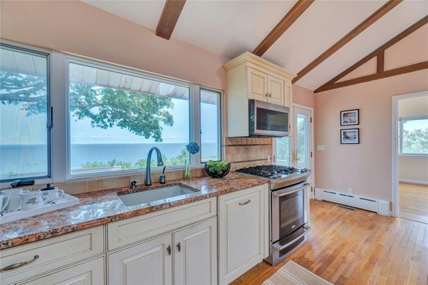 Interior, Kitchen, Stainless Steel Appliances, Water, Wooden Beams, Wood Texture Flooring