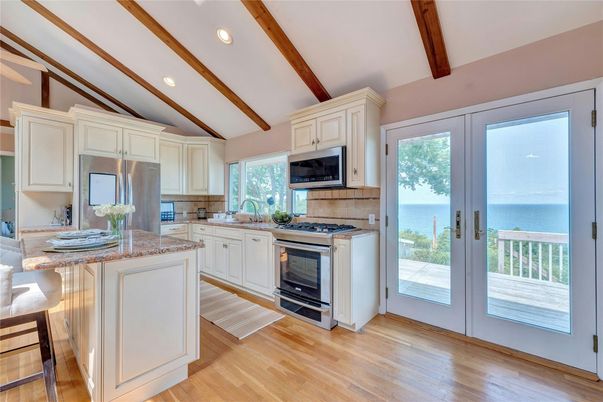 Interior, Kitchen, Recessed Lighting, Stainless Steel Appliances, Water, Wooden Beams, Wood Texture Flooring