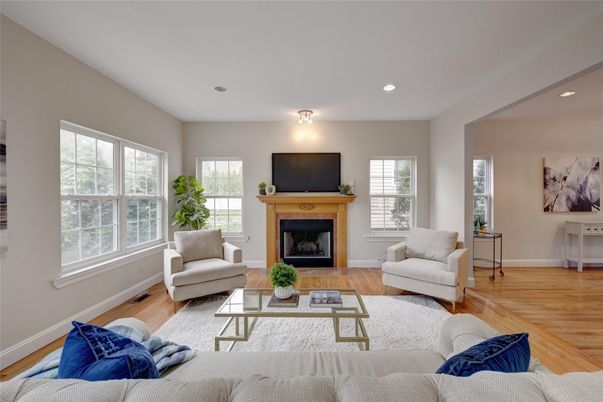Fireplace, Interior, Living room, Recessed Lighting, Wood Texture Flooring