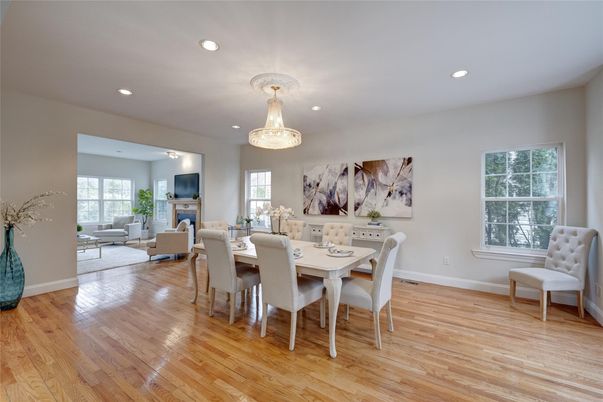 Chandelier, Dining room, Fireplace, Interior, Living room, Recessed Lighting, Wood Texture Flooring