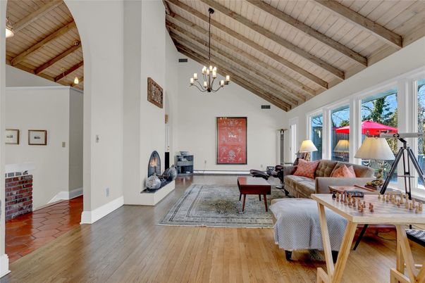 Chandelier, Interior, Living room, Pendant Lights, Wooden Beams, Wooden Ceilings, Wood Texture Flooring