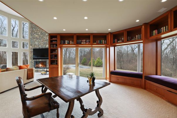 Dining room, Fireplace, Interior, Living room, Recessed Lighting, Stone Walls