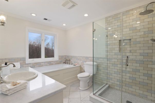 Bathroom, Dual Sink Vanities, Glass Shower, Interior, Recessed Lighting
