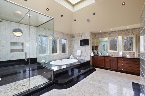 Bathroom, Dual Sink Vanities, Glass Shower, Interior, Recessed Lighting