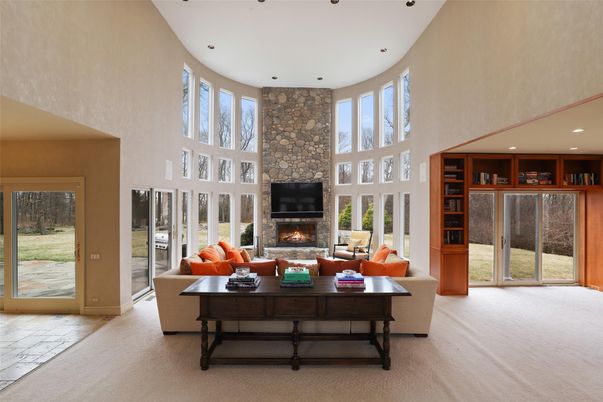 Fireplace, Interior, Living room, Recessed Lighting, Stone Walls