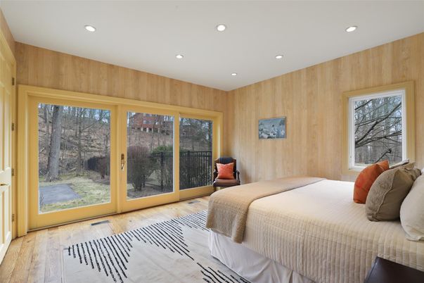 Bedroom, Interior, Recessed Lighting, Wood Texture Flooring, Wooden Walls