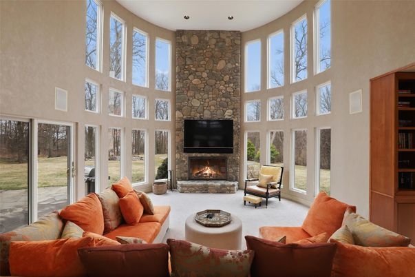 Fireplace, Interior, Living room, Recessed Lighting, Stone Walls