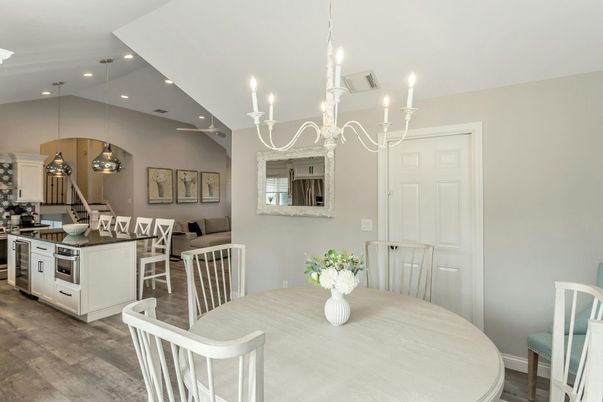 Chandelier, Dining room, Interior, Kitchen, Living room, Pendant Lights, Recessed Lighting, Wood Texture Flooring
