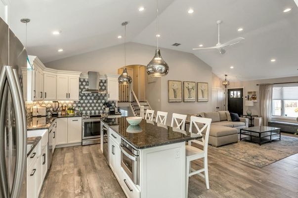 Interior, Kitchen, Living room, Pendant Lights, Recessed Lighting, Stainless Steel Appliances, Wood Texture Flooring
