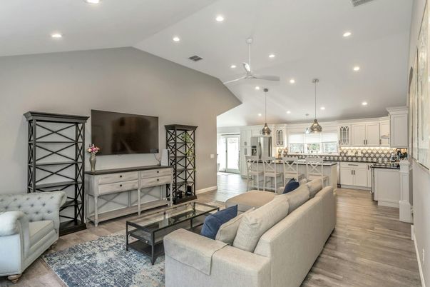 Interior, Kitchen, Living room, Pendant Lights, Recessed Lighting, Wood Texture Flooring