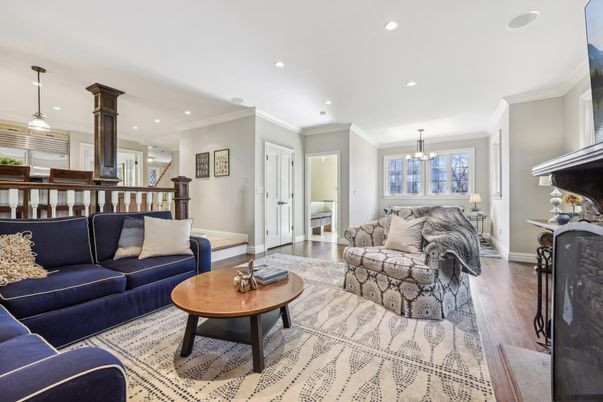 Dining room, Fireplace, Interior, Living room, Pendant Lights, Recessed Lighting, Wood Texture Flooring
