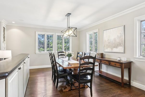 Dining room, Interior, Pendant Lights, Recessed Lighting, Wood Texture Flooring