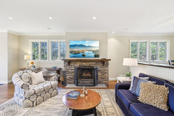 Fireplace, Interior, Living room, Recessed Lighting, Wood Texture Flooring
