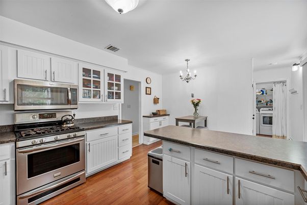 Chandelier, Interior, Kitchen, Stainless Steel Appliances, Wood Texture Flooring