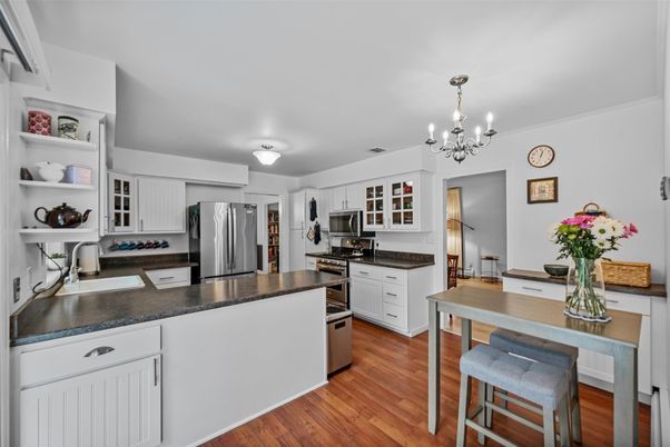 Chandelier, Interior, Kitchen, Stainless Steel Appliances, Wood Texture Flooring