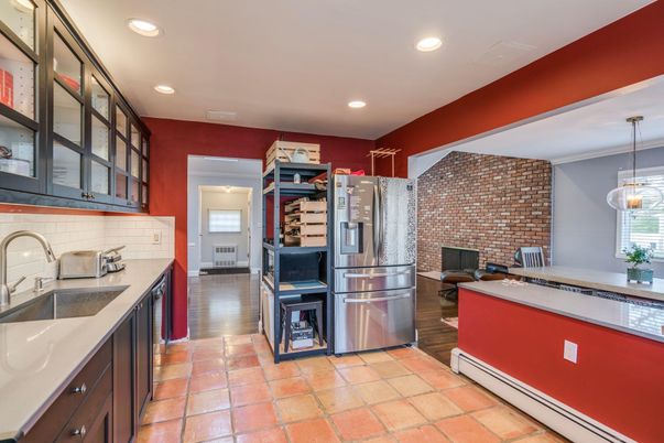 Fireplace, Interior, Kitchen, Pendant Lights, Recessed Lighting, Stone Walls